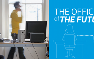 Image of a remote worker with a graphic titled The Office of the Future
